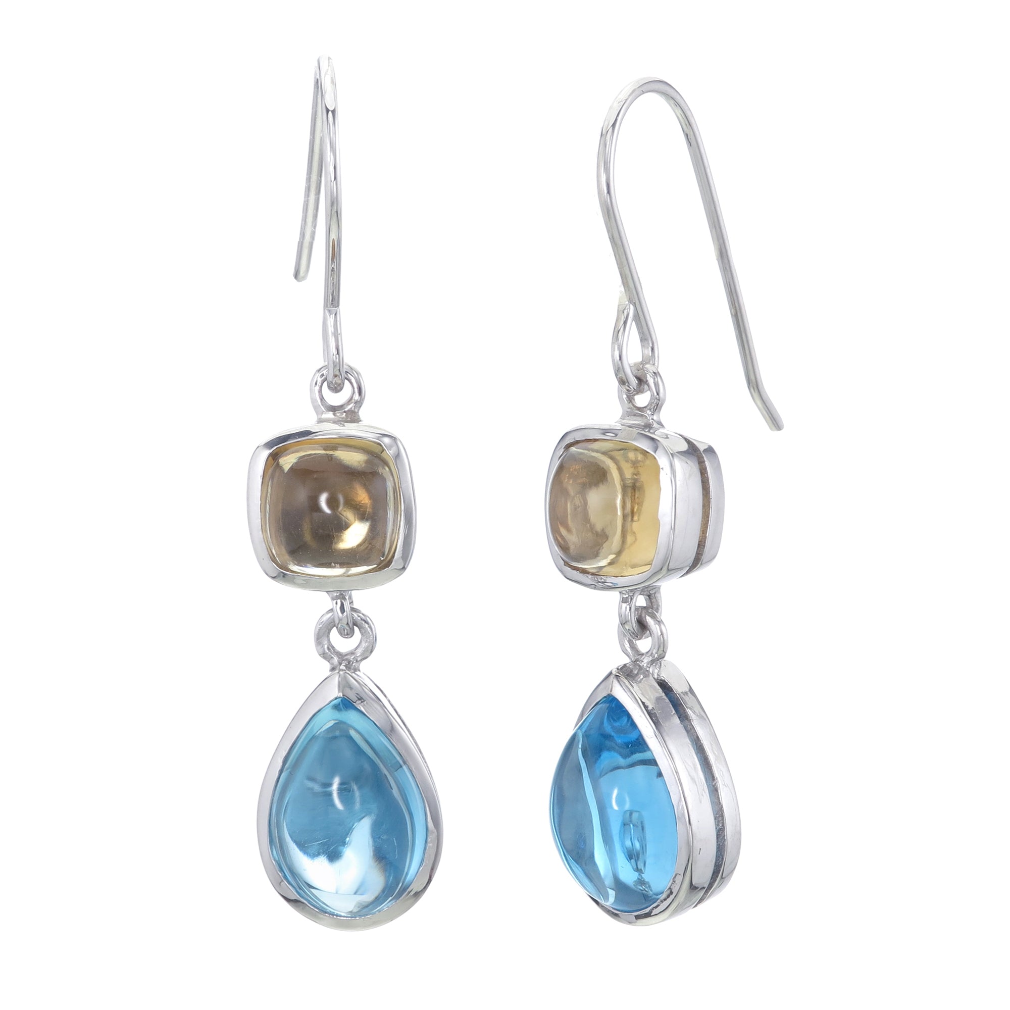 Cabochon Citrine and Swiss Blue Topaz Dangle 2-Stone Earrings